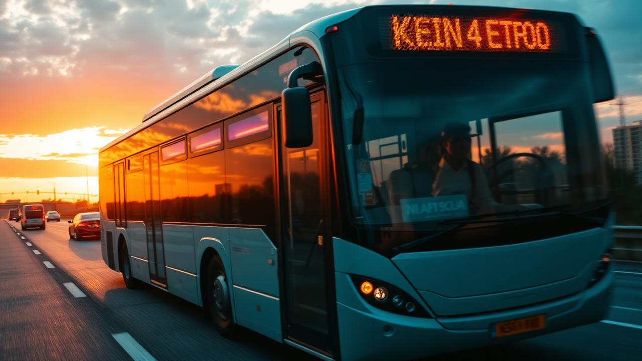 Ônibus de transporte coletivo em estrada ao entardecer