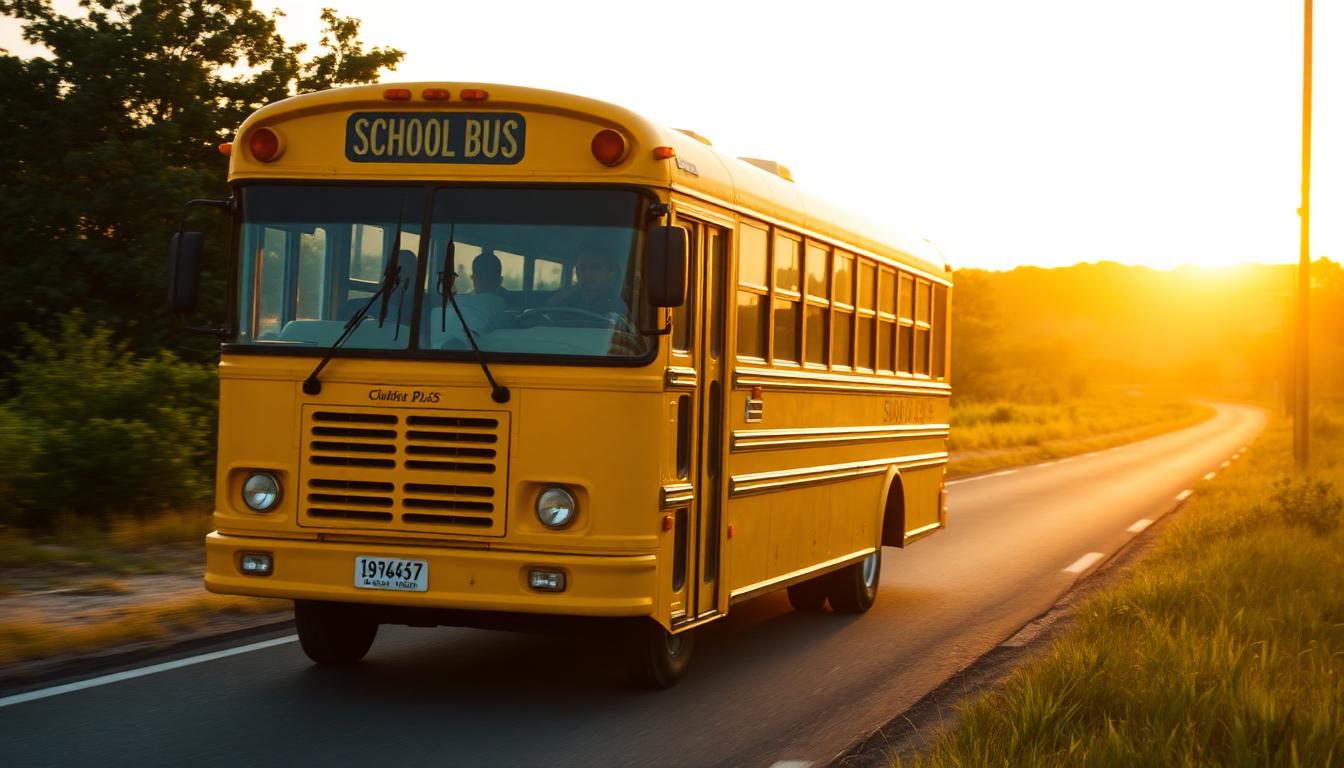 Ônibus escolar em estrada ao entardecer