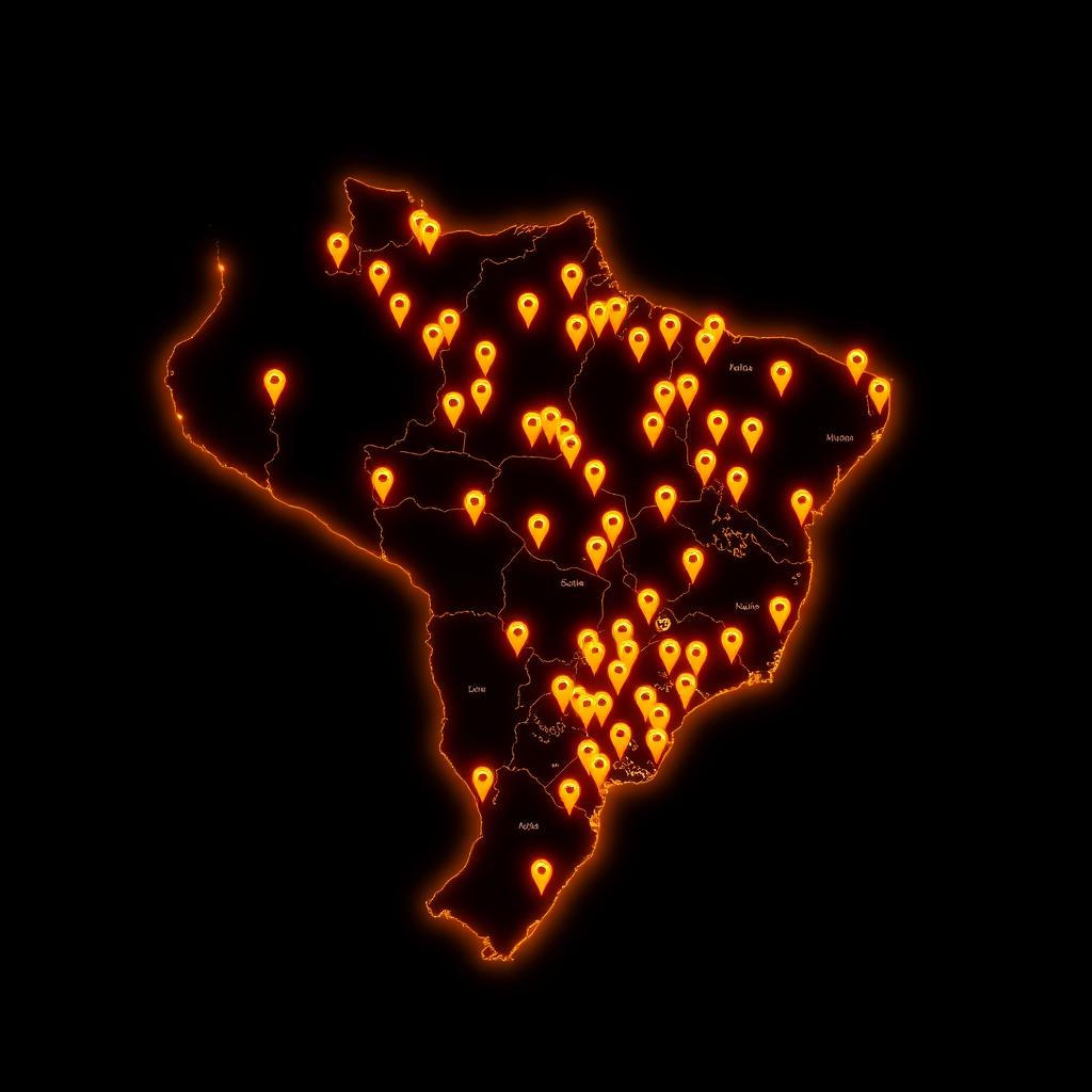 Mapa do Brasil com marcadores luminosos indicando alunos atendidos em todo o país